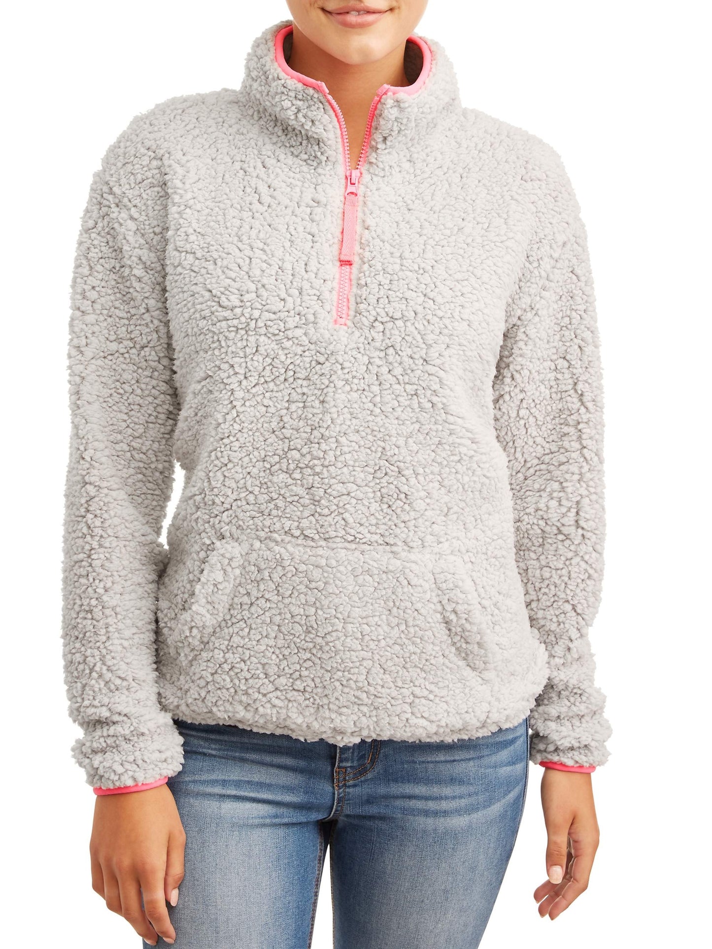 No Boundaries Juniors' Quarter-Zip Sherpa Pullover Sweater Gray Size Small