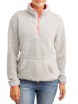 No Boundaries Juniors' Quarter-Zip Sherpa Pullover Sweater Gray Size Small