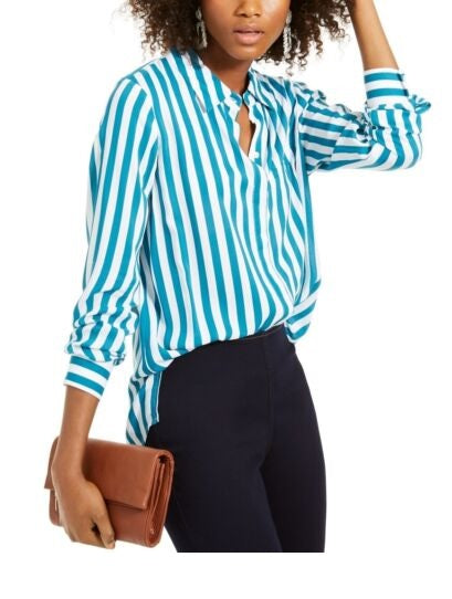 INC International Concepts Women's Striped Button-Down Shirt Green/White Size Large