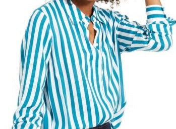 INC International Concepts Women's Striped Button-Down Shirt Green/White Size Large