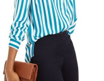 INC International Concepts Women's Striped Button-Down Shirt Green/White Size Large