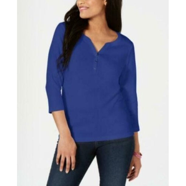 Karen Scott Women's Petite Cotton Henley Shirt Blue Size PXL