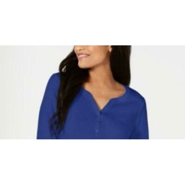 Karen Scott Women's Petite Cotton Henley Shirt Blue Size PXL