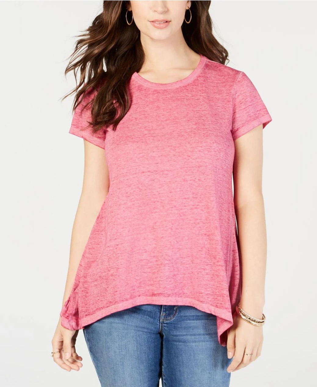 Style & Co Women's Burnout Handkerchief-Hem T-Shirt Pink Size Small