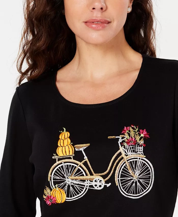 Karen Scott Women's Embroidered Bicycle Top Black Size XX-Large