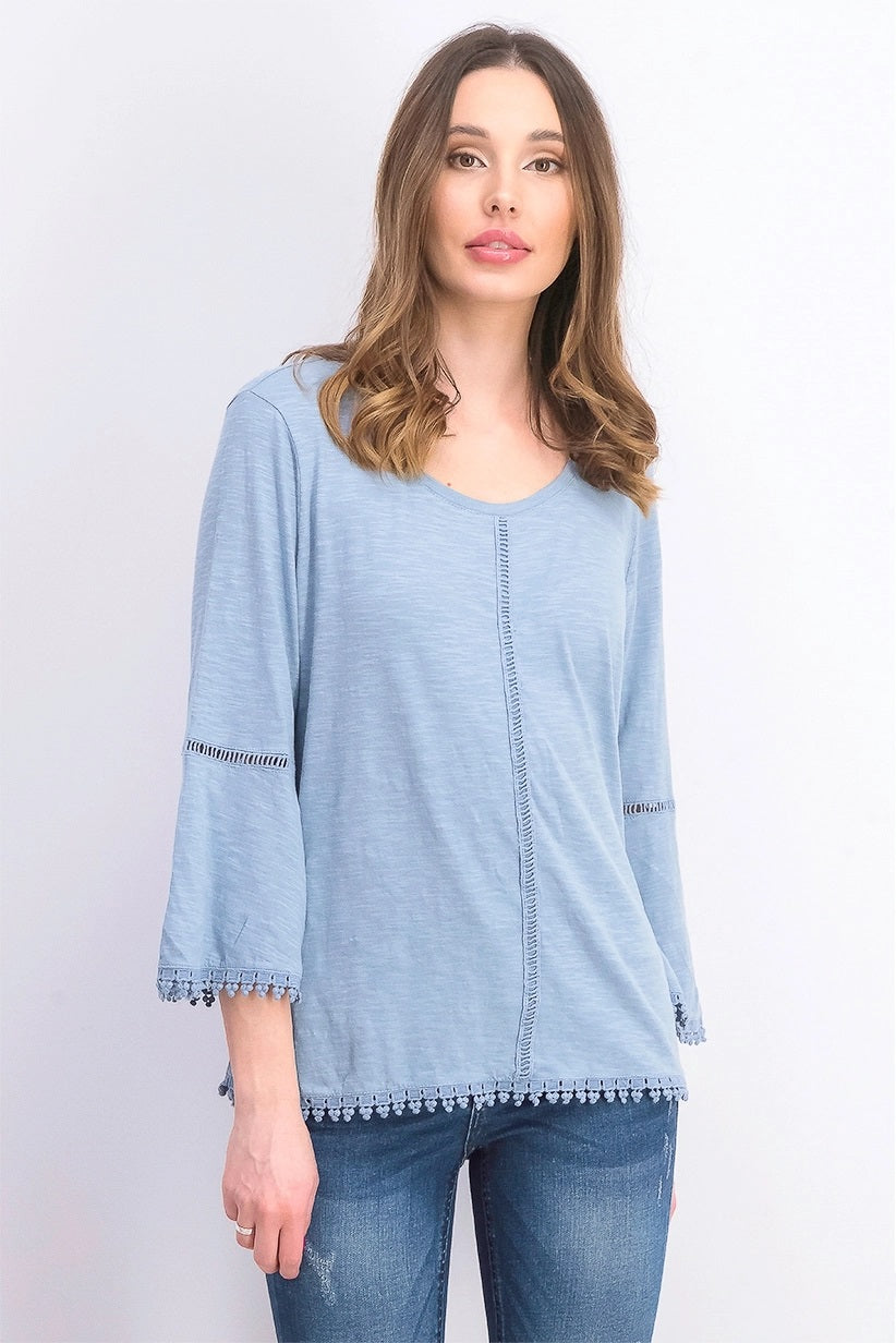 Style & Co Women's Petite Crochet-Trim Bell-Sleeve Top Blue Size PL