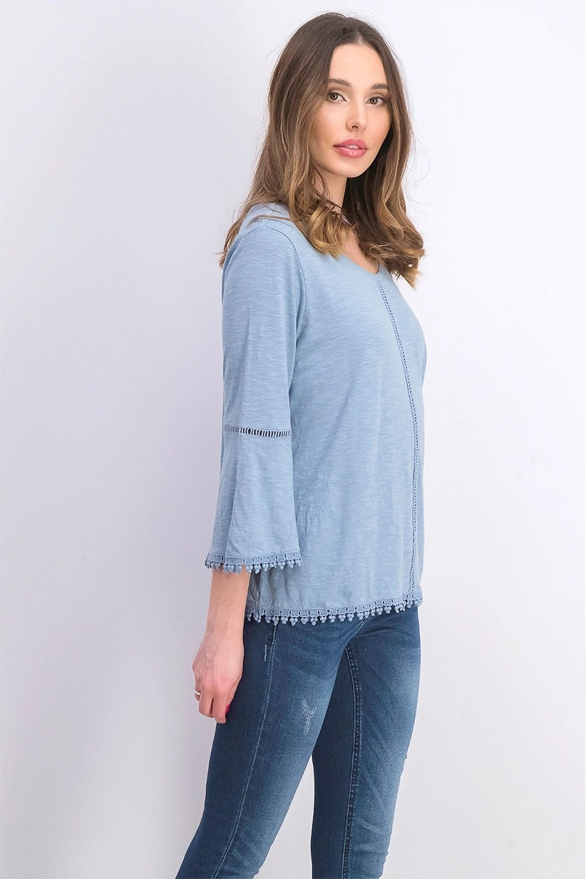 Style & Co Women's Petite Crochet-Trim Bell-Sleeve Top Blue Size PL