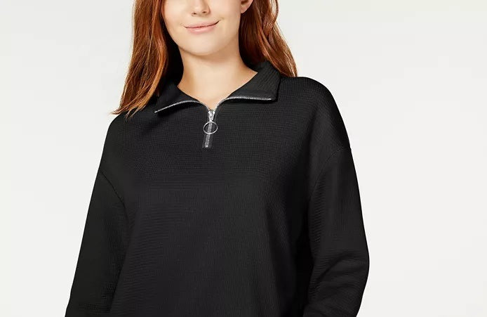Crave Fame Juniors' Waffle-Knit Quarter-Zip Top Black X-Large