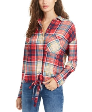 Polly & Esther Juniors' Soft Drawstring-Hem Plaid Shirt Red X-Large