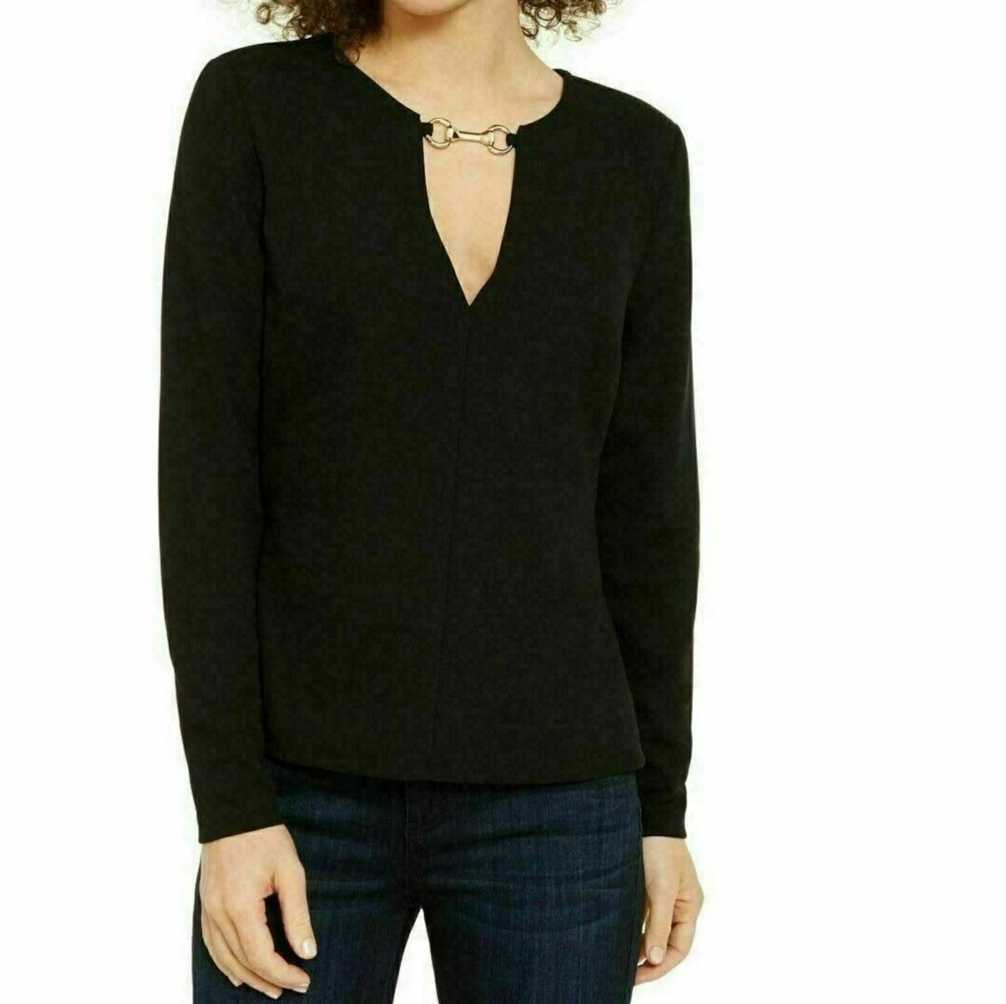 INC International Concepts Women's Womens V-Neck Keyhole Blouse Black Size Small