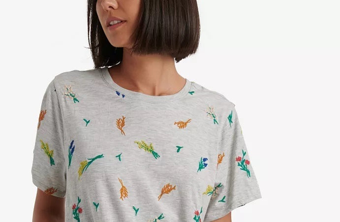 Lucky Brand Women's All Over Embroidered Floral T-Shirt Gray Size Medium