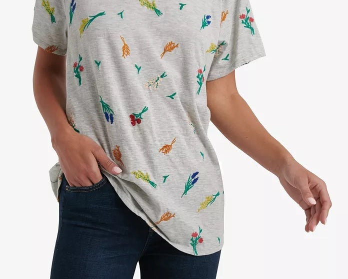 Lucky Brand Women's All Over Embroidered Floral T-Shirt Gray Size Medium