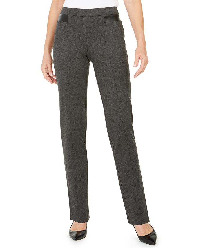 JM Collection Women's Faux-Leather-Trim Ponte-Knit Pants Grey X-Large