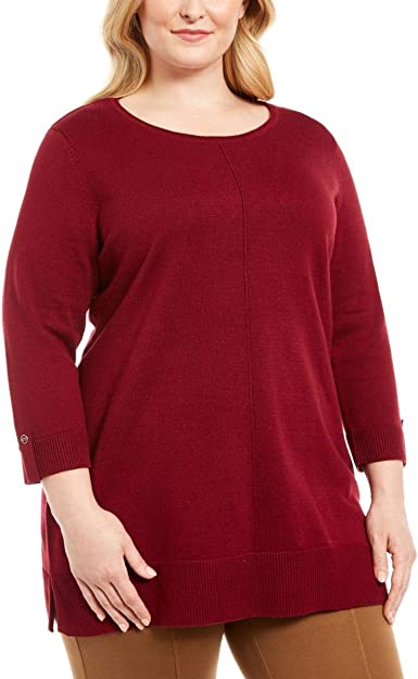 Karen Scott Women's Plus Cotton Contrast Trim Crewneck Sweater Wine Size 0X