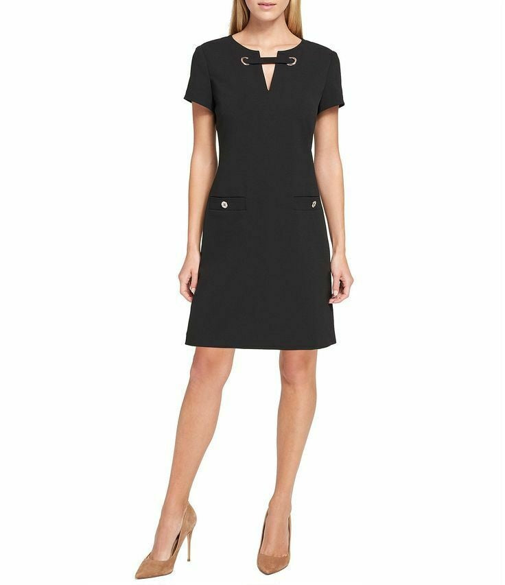Tommy Hilfiger Women's Scuba Crepe Grommet Top Pocket Dress Black Size 10