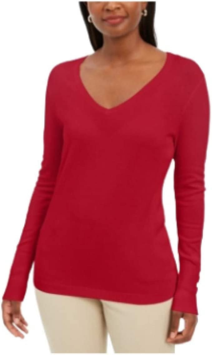 JM Collection Women's Embellished-Sleeve V-Neck Sweater Red Size Medium