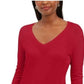 JM Collection Women's Embellished-Sleeve V-Neck Sweater Red Size Medium