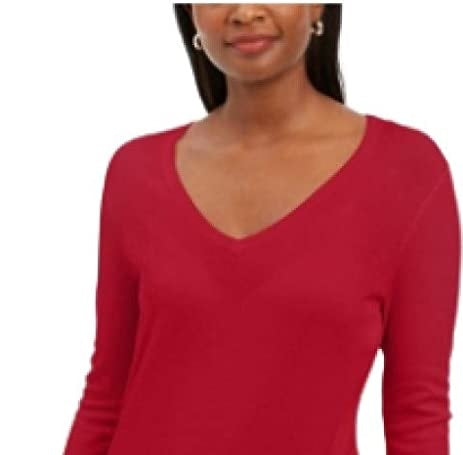 JM Collection Women's Embellished-Sleeve V-Neck Sweater Red Size Medium