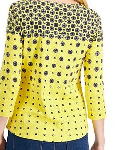 Charter Club Women's Printed Cotton 3/4-Sleeve Top Yellow Size Small