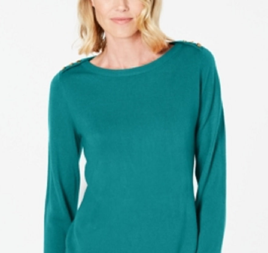 Karen Scott Women's Petite Button-Shoulder Sweater Green Size PXL