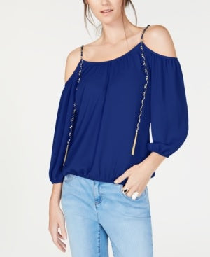 INC International Concepts Women's Cold-Shoulder Chain-Detail Top Bright Blue Size X-Small