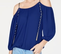 INC International Concepts Women's Cold-Shoulder Chain-Detail Top Bright Blue Size X-Small