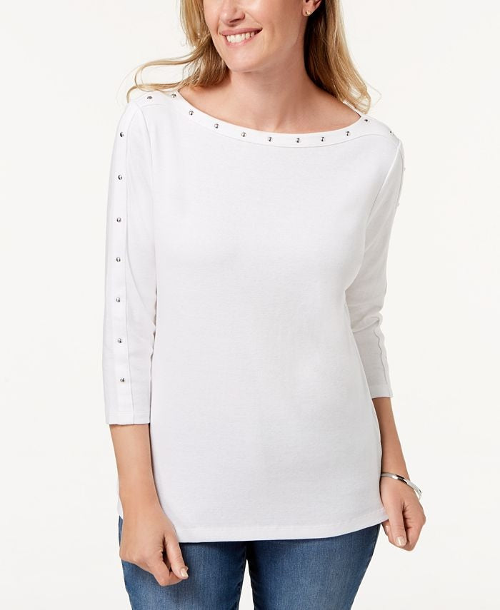 Karen Scott Women's Petite Studded Boat-Neck Cotton Top White Size PS/M