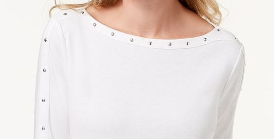 Karen Scott Women's Petite Studded Boat-Neck Cotton Top White Size PS/M