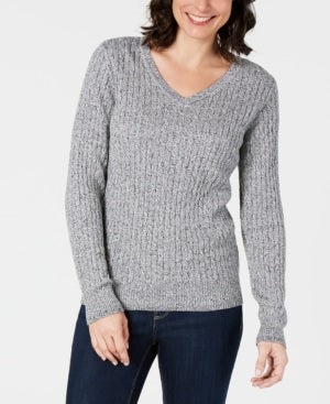 Karen Scott Women's Petite Cotton Cable-Knit Sweater Grey Size PS/M