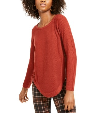 INC International Concepts Women's Red Zippered Patterned Long Sleeve Crew Neck T-Shirt Came Size L