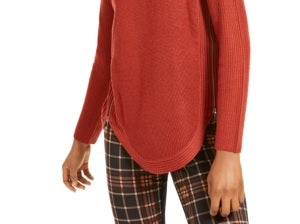 INC International Concepts Women's Red Zippered Patterned Long Sleeve Crew Neck T-Shirt Came Size L