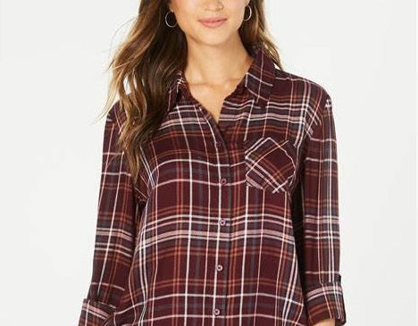 Style & Co Women's Petite Cotton Tab-Sleeve Plaid Shirt Berry Size PL