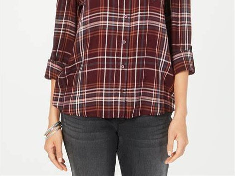 Style & Co Women's Petite Cotton Tab-Sleeve Plaid Shirt Berry Size PL