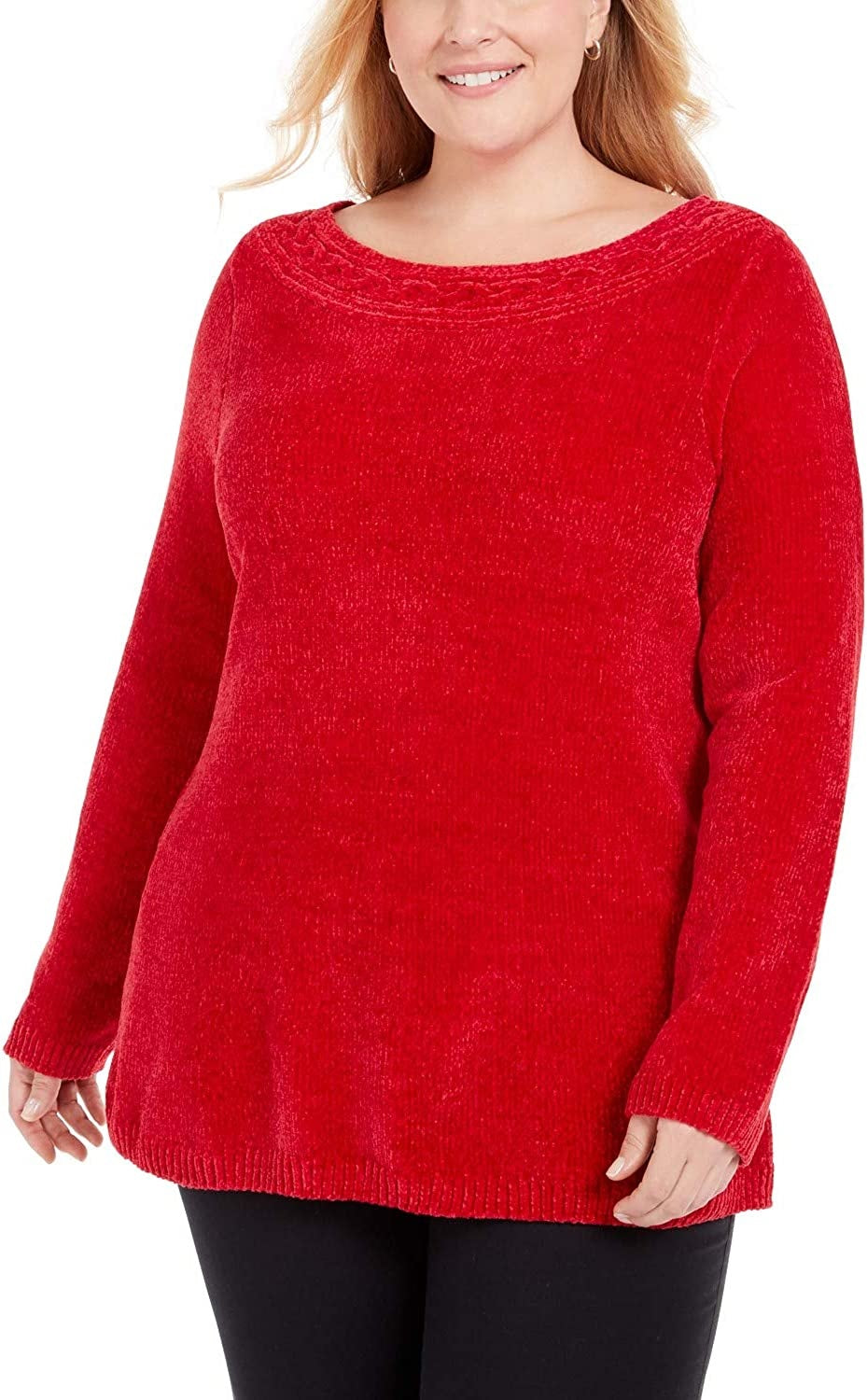 Karen Scott Women's Plus Boat-Neck Chenille Sweater Red Size 0X