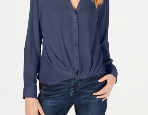 INC International Concepts Women's Petite Twist-Front Button-Up Top Blue Size PS