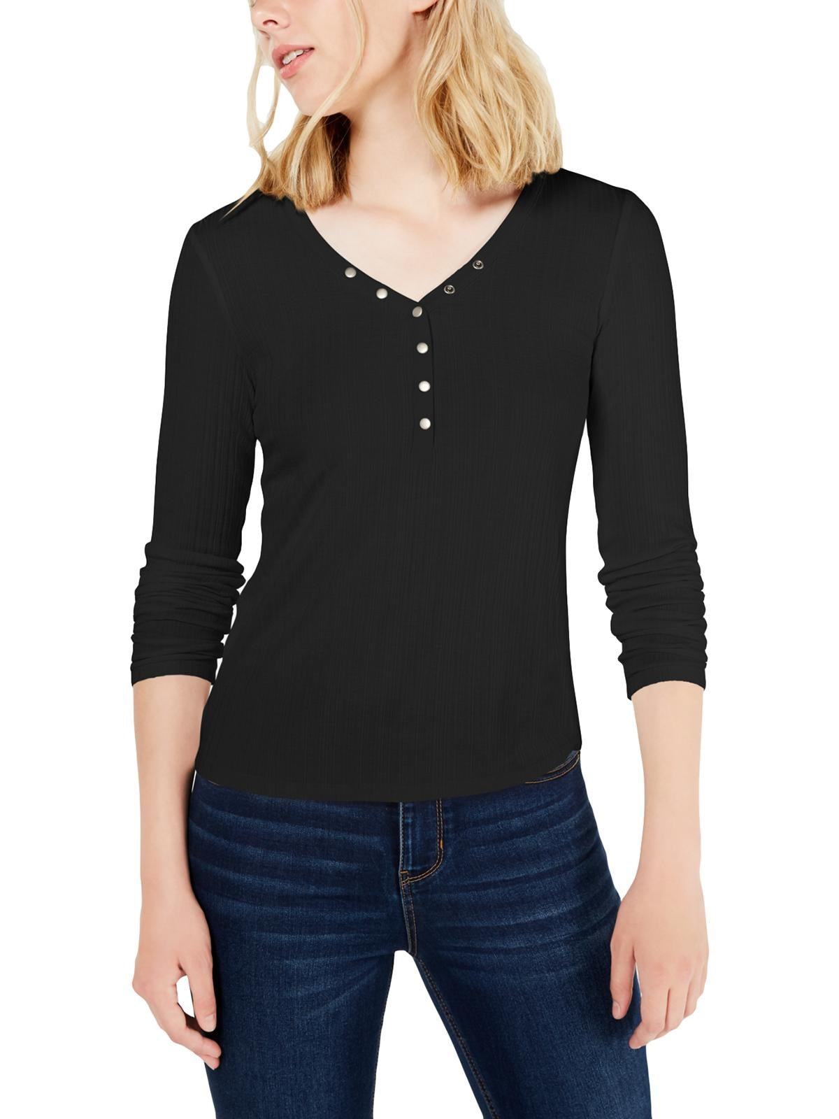 Hippie Rose Women's Juniors' Ribbed Hi-Low Henley Top Black Size Small