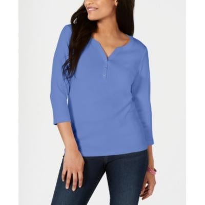 Karen Scott Women's Petite Cotton Henley Shirt Blue Size PS/M