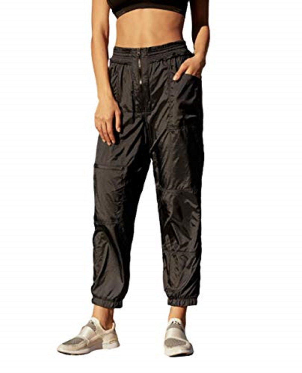 Free People Womens Pocketed Zippered Active Wear Cuffed Pants Black Size Large