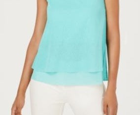 Alfani Women's Petite Layered-Look V-Neck Top Lagoon Green  Size L