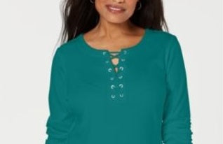 Karen Scott Women's Cotton Lace-Up Top Green Size Small