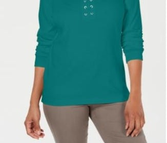 Karen Scott Women's Cotton Lace-Up Top Green Size Small