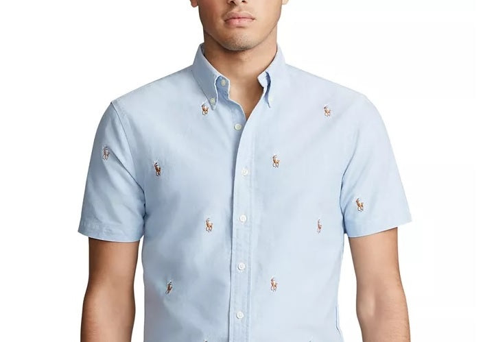 Ralph Lauren Men's Allover Pony Short Sleeve Oxford Shirt Blue Size X-Small