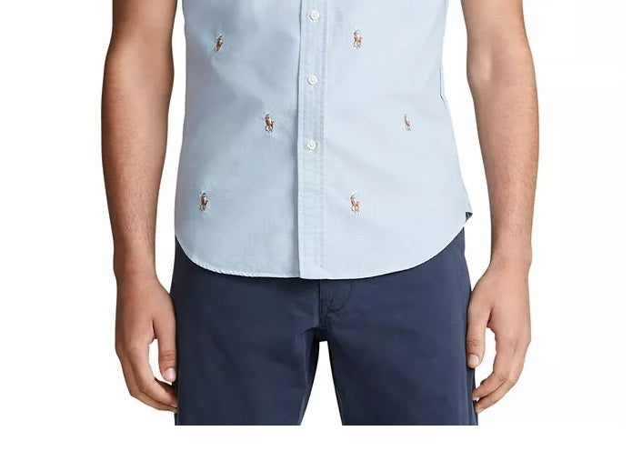 Ralph Lauren Men's Allover Pony Short Sleeve Oxford Shirt Blue Size X-Small