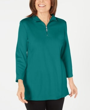 Karen Scott Women's Green Long Sleeve Zip Neck Top Blue Size Medium