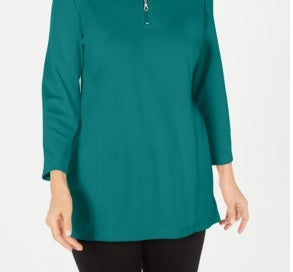 Karen Scott Women's Green Long Sleeve Zip Neck Top Blue Size Medium