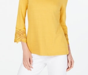 Charter Club Women's Cotton Lace-Trim Top Honey Glaze Size Medium