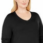 JM Collection Women's Black Solid Long Sleeve Scoop Neck T-Shirt Top Black Size 1X