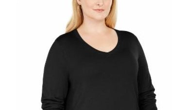 JM Collection Women's Black Solid Long Sleeve Scoop Neck T-Shirt Top Black Size 1X
