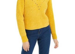 Bar III Women's Womens Eyelet V Neck Crop Sweater Yellow Size X-Large
