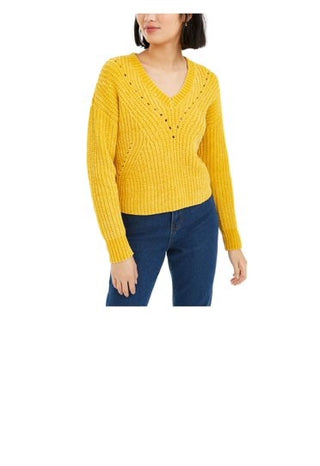 Bar III Women's Womens Eyelet V Neck Crop Sweater Yellow Size X-Large